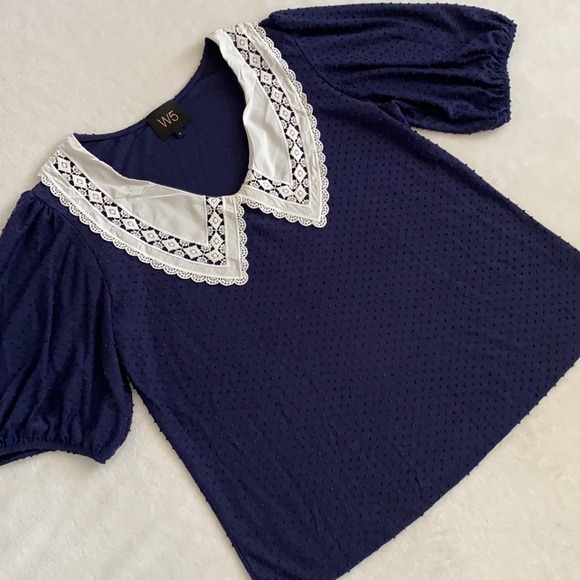 W5 | Pointed Scallop Bib Collar Swiss Dot Short Sleeve Blouse Top Blue/White (L) - Picture 2 of 14